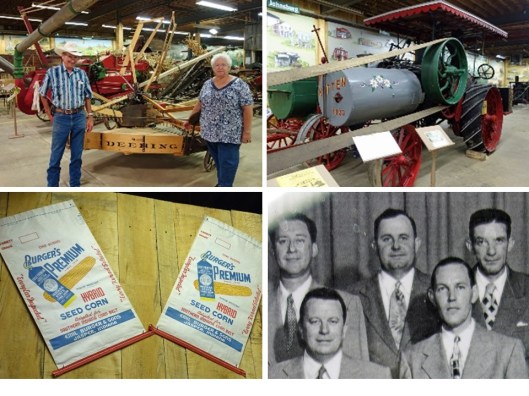 1. David Kluemper, museum curator, and sister Forothy. 2. Kitten steam tractor designed and built in Dubois County, IN. 3. Burger's Premium seed corn bags on wall of museum. 4. Emil Burger (center) at 8th grade class reunion during 1960s.