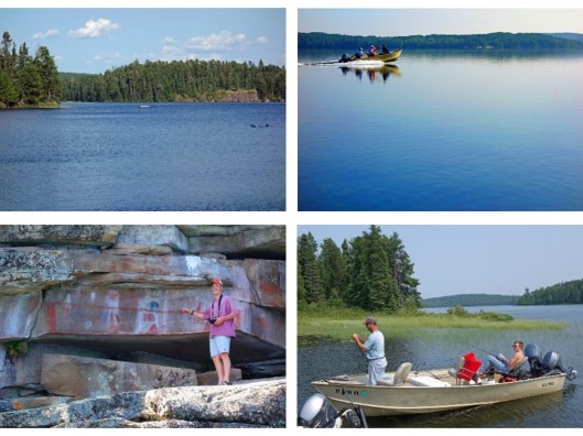 1. Loons on Dryberry Lake; 2. Motoring across glass-like water; 3. James photographing petroglyphs; 4. Jeff and Ethan fishing for big ones.