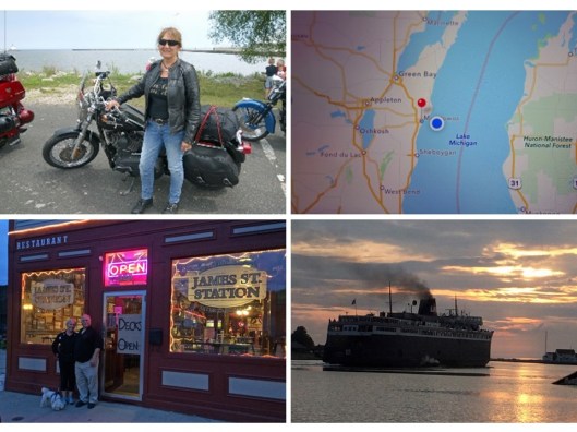 1. A Harley Davidson rider named Sue in line for boarding the SS Badger; 2. Map on my iPhone showing us about a quarter of the way across the Lake Michigan; 3. Skip, his wife and poodle in front of his restaurant in Ludington, MI; 4. The SS Badger sailing into the sunset. 
