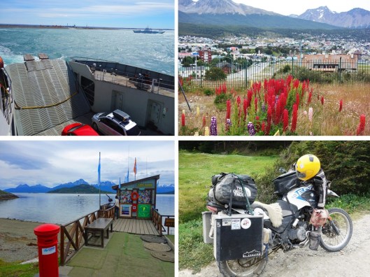 1. View of Tierra del Fuego from the ferry crossing the Strait of Magellan; 2. City of Ushuaia; 3. Southern-most post office in the world; 4. The way I want to travel to Ushuaia next time.