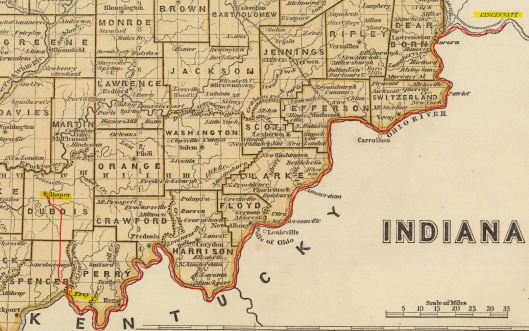 Around 1855, Jacob Burger and his family moved from Cincinnati, OH, to Dubois Co., IN, via the Ohio River then by land from Troy to Jasper. 